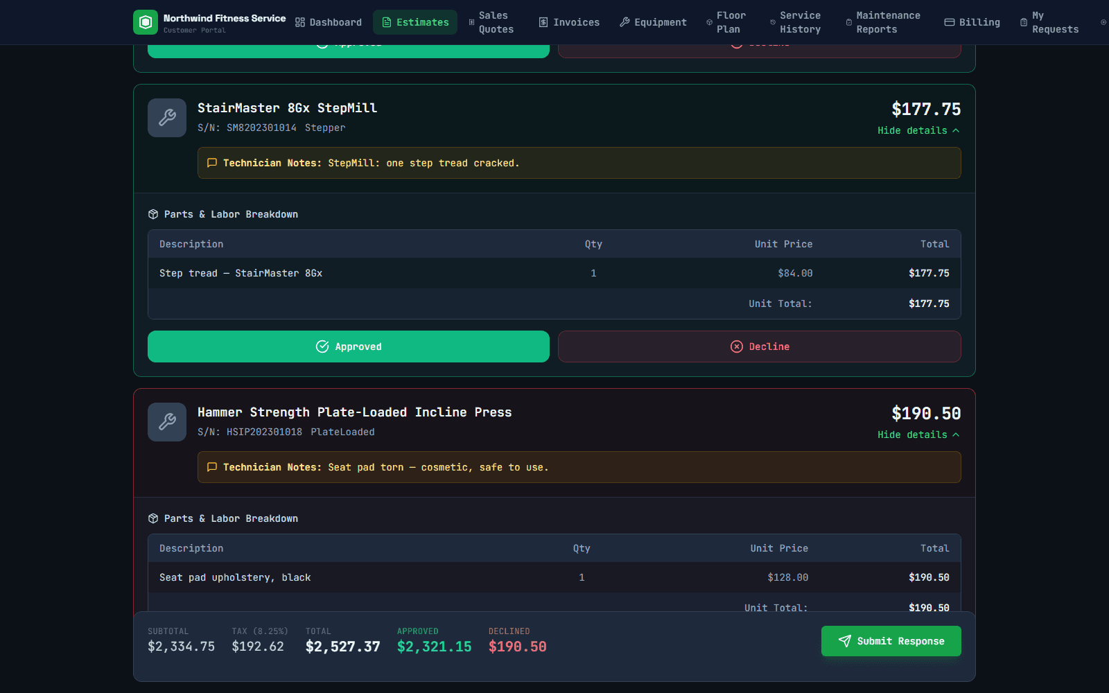 Customer portal: four machines approved and one declined, with approved and declined totals